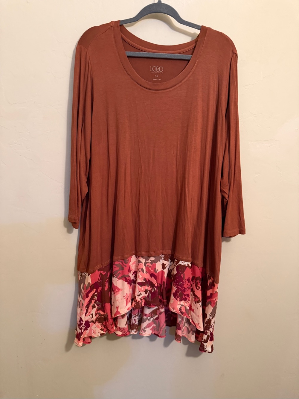 LOGO by Lori Goldstein 3X Rust Knit Tunic Top Floral Chiffon Ruffle Hem